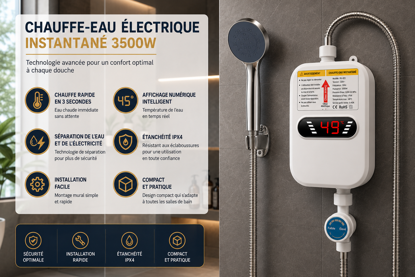 Chauffe-Eau Électrique Instantané 3500W avec Douche et Affichage Digital