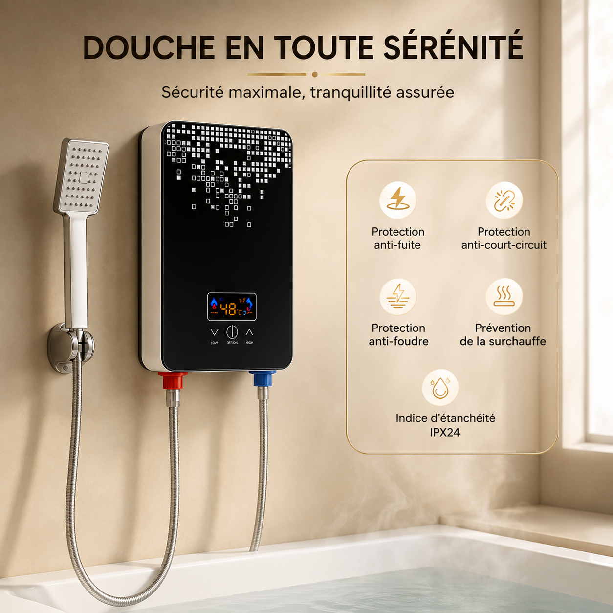 Chauffe-Eau Électrique Instantané 6500W 220V avec Douchette et Écran LED