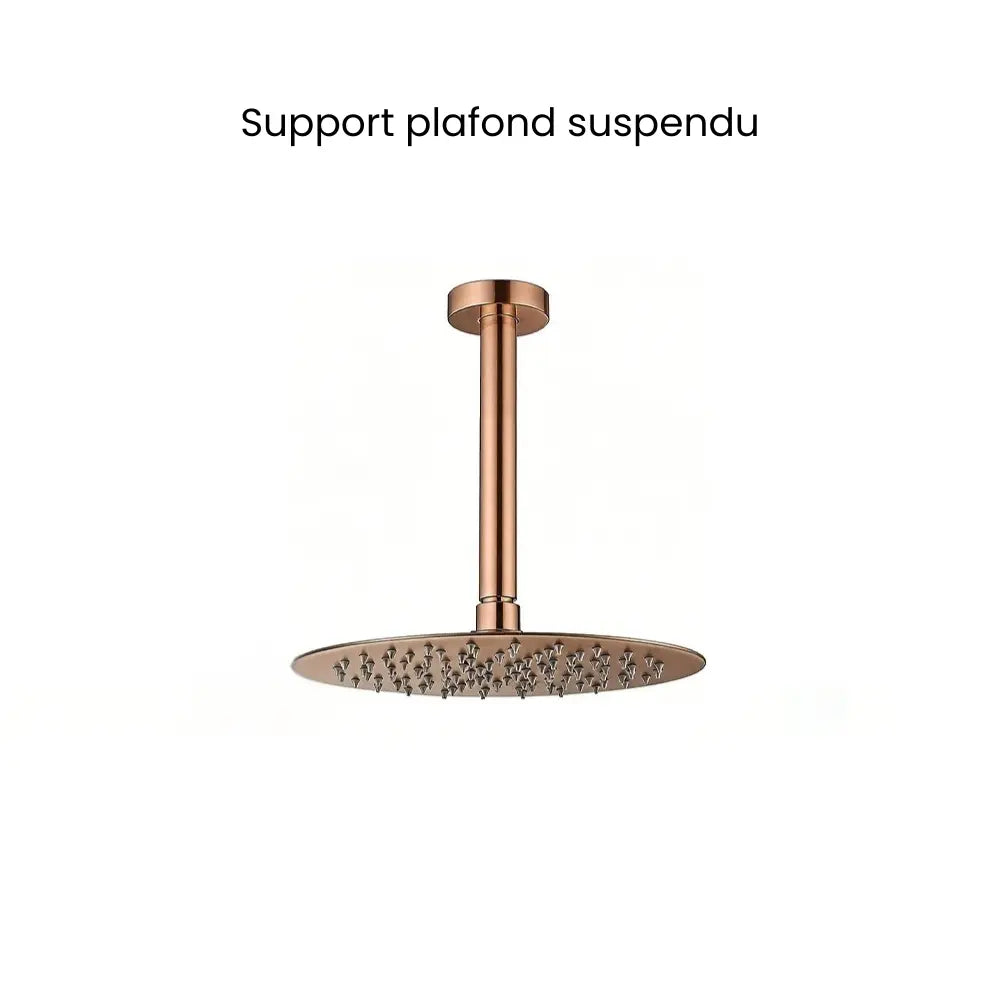 Colonne de douche encastrée or rose brossé – trois platines rondes et douchette