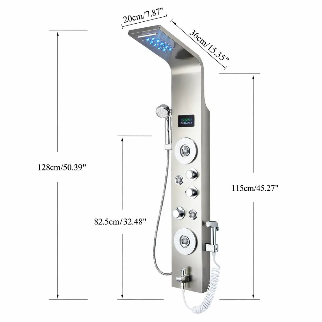 Colonne de douche hydromassante inox brossé – 6 fonctions, cascade LED et écran digital