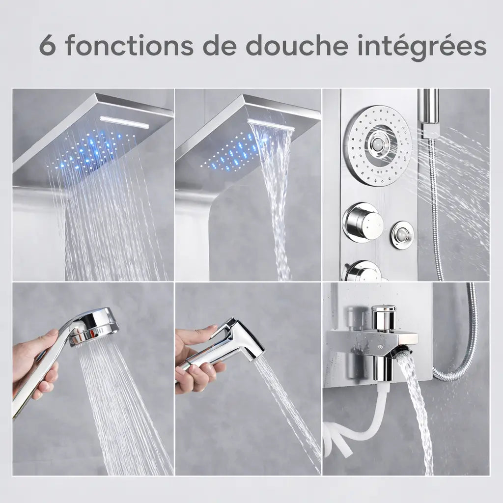 Colonne de douche hydromassante inox brossé – 6 fonctions, cascade LED et écran digital