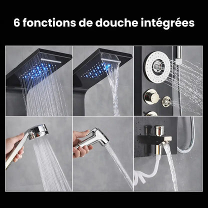 Colonne de douche hydromassante noir mat – 6 fonctions, jets massants, cascade LED et écran
