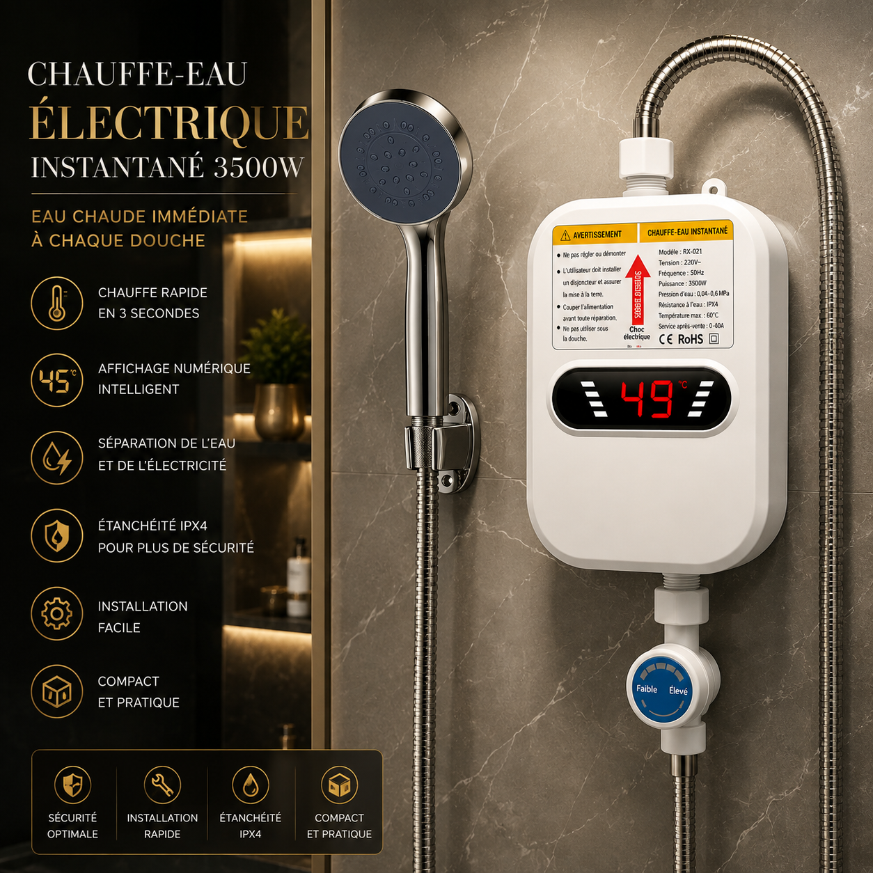 Chauffe-Eau Électrique Instantané 3500W avec Douche et Affichage Digital