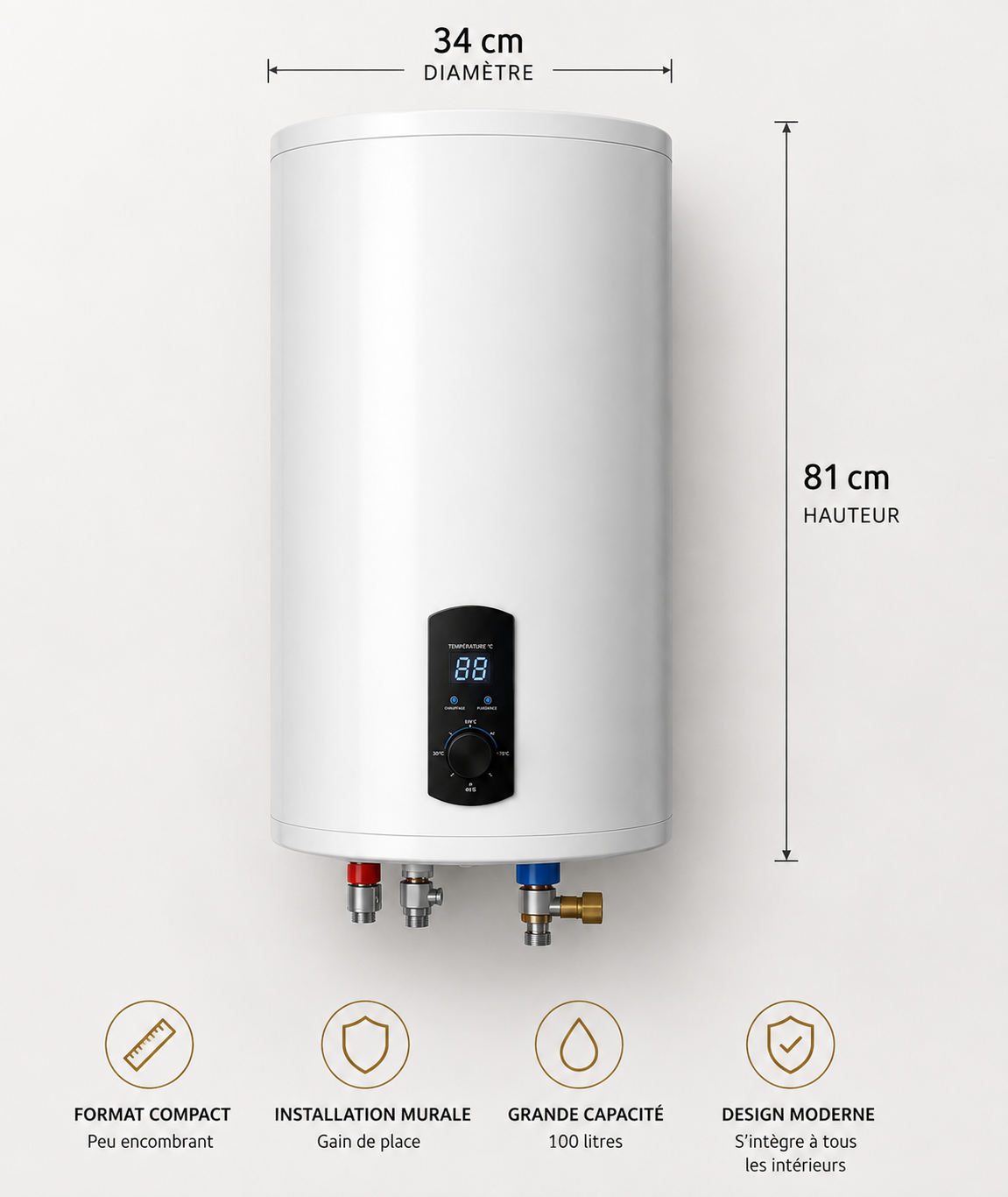 Chauffe-Eau Électrique Instantané 100L 2000W avec Affichage Digital et Douche