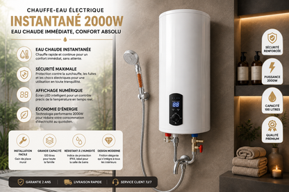 Chauffe-Eau Électrique Instantané 100L 2000W avec Affichage Digital et Douche