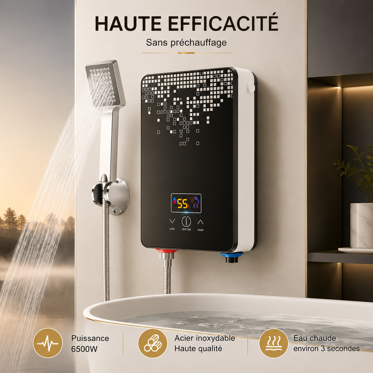 Chauffe-Eau Électrique Instantané 6500W 220V avec Douchette et Écran LED