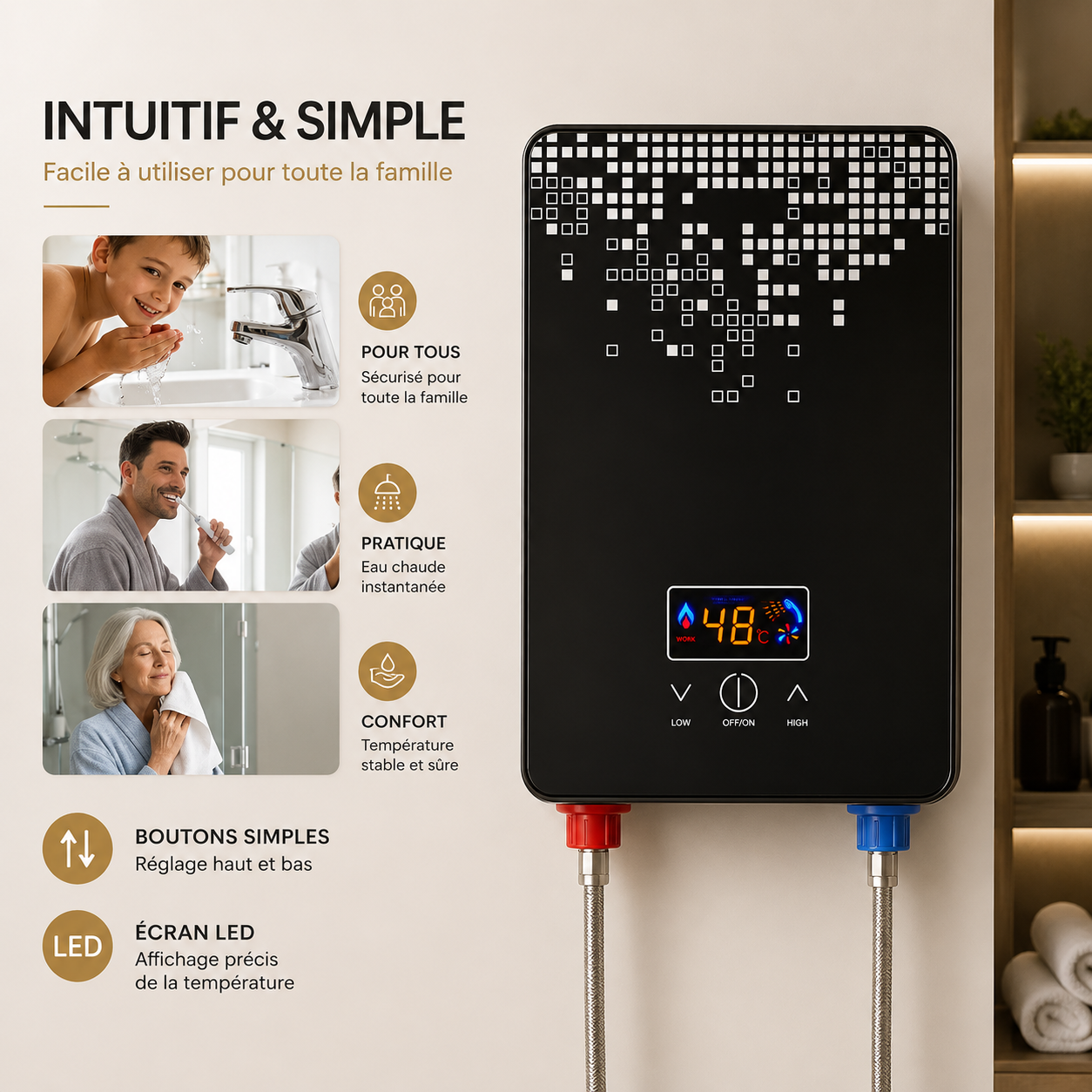 Chauffe-Eau Électrique Instantané 6500W 220V avec Douchette et Écran LED