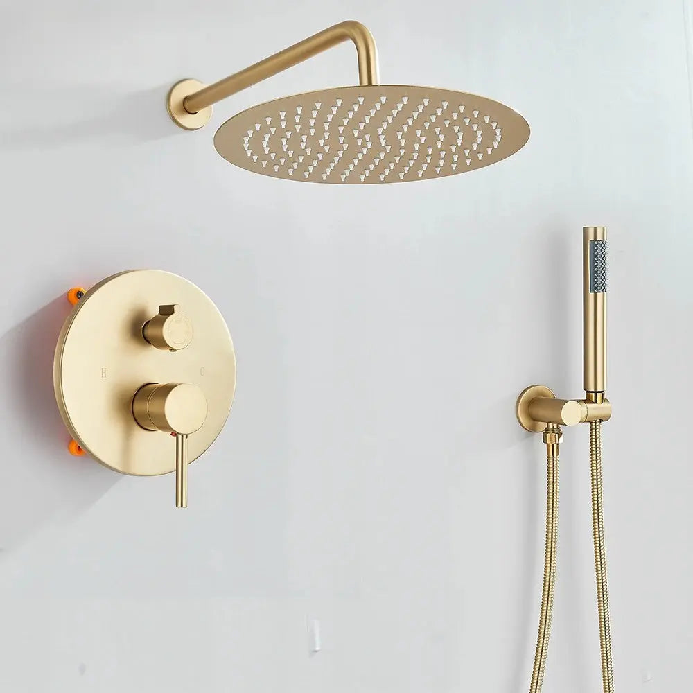 Colonne de douche encastrée or brossé – laiton, platine ronde et douchette
