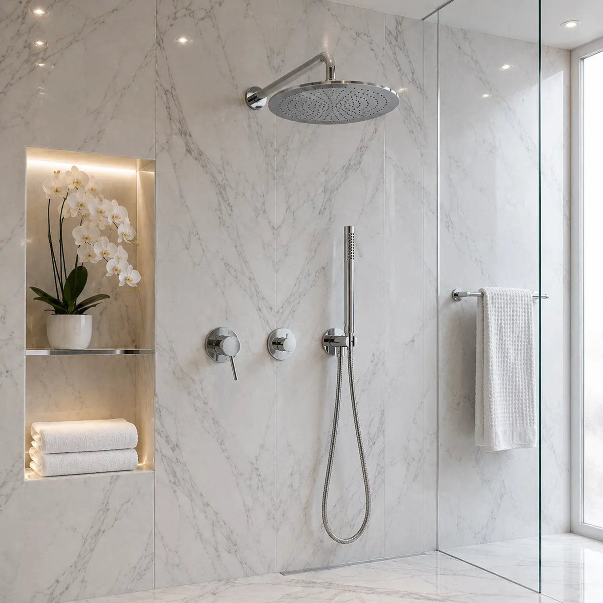 Colonne de douche encastrée chrome – mitigeur thermostatique et inverseur