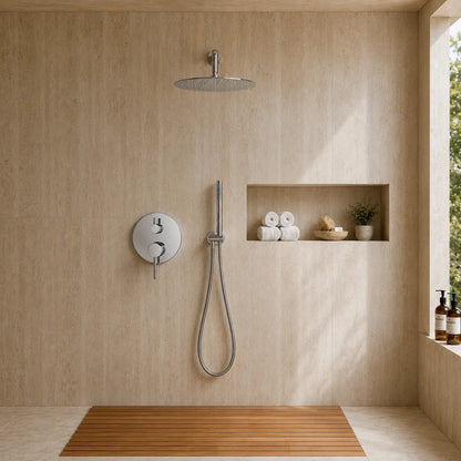 Colonne de douche encastrée chrome – boîtier thermostatique rond à deux molettes