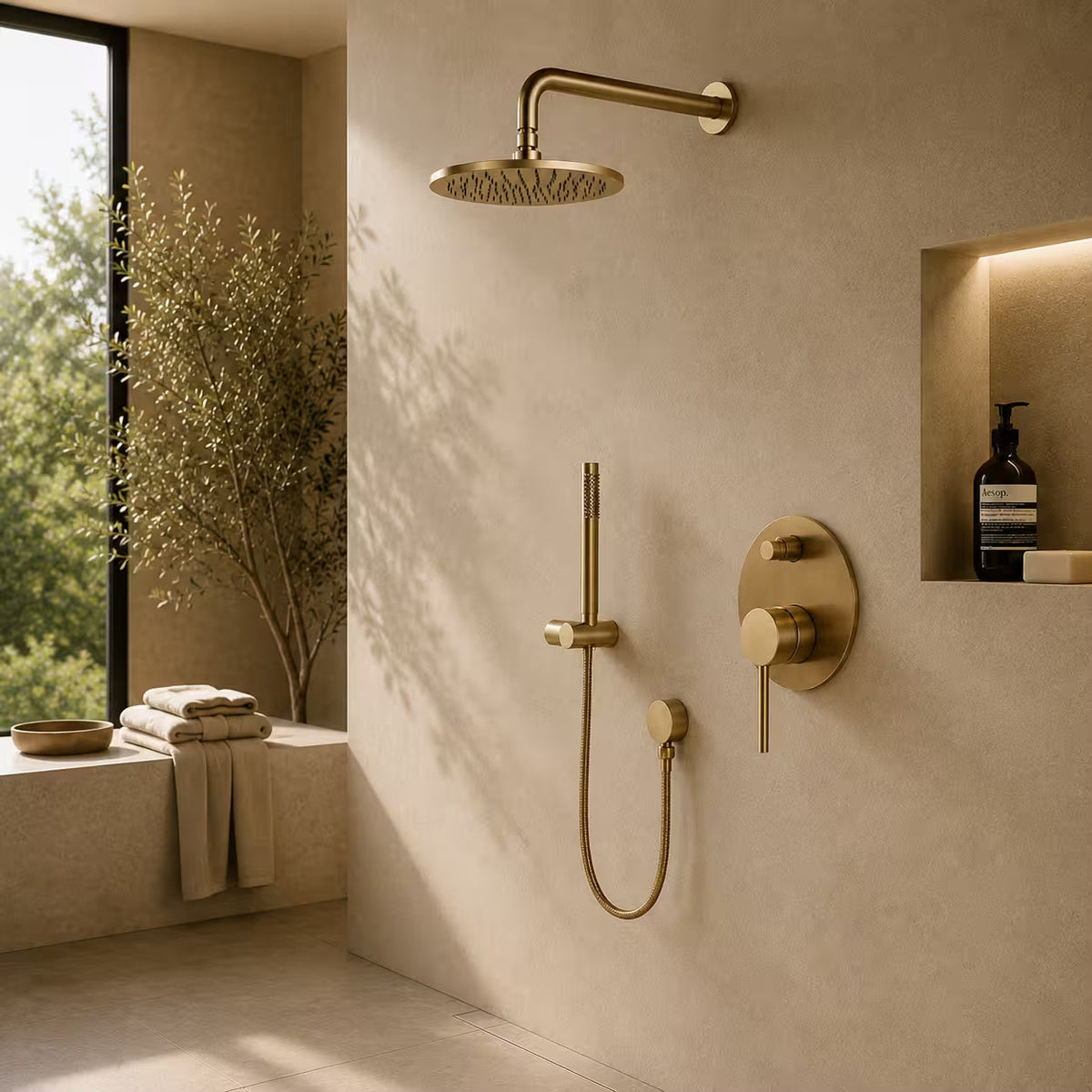 Colonne de douche encastrée dorée – ciel carré au plafond et mitigeur thermostatique