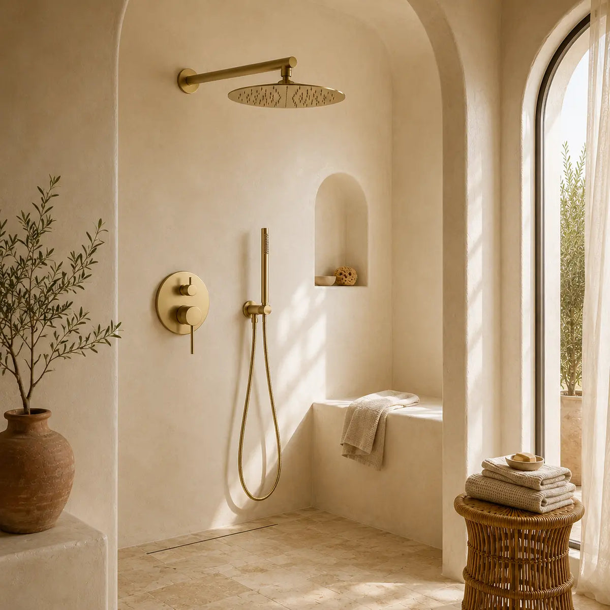Colonne de douche encastrée dorée – laiton, rosace ronde à levier et molette