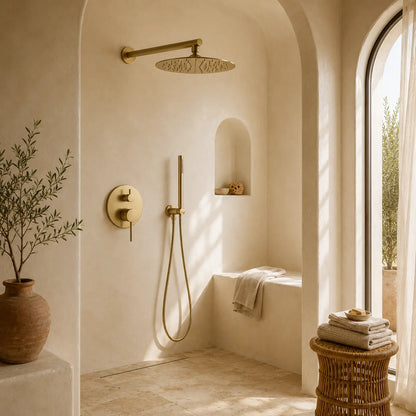 Colonne de douche encastrée dorée – laiton, rosace ronde à levier et molette