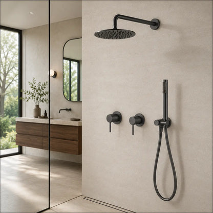 Colonne de douche encastrée gris brossé – bras long et deux mitigeurs cylindriques