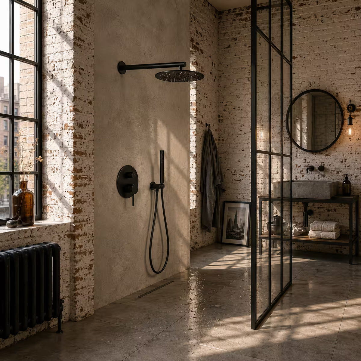 Colonne de douche encastrée noir mat – boîtier thermostatique rond à deux molettes