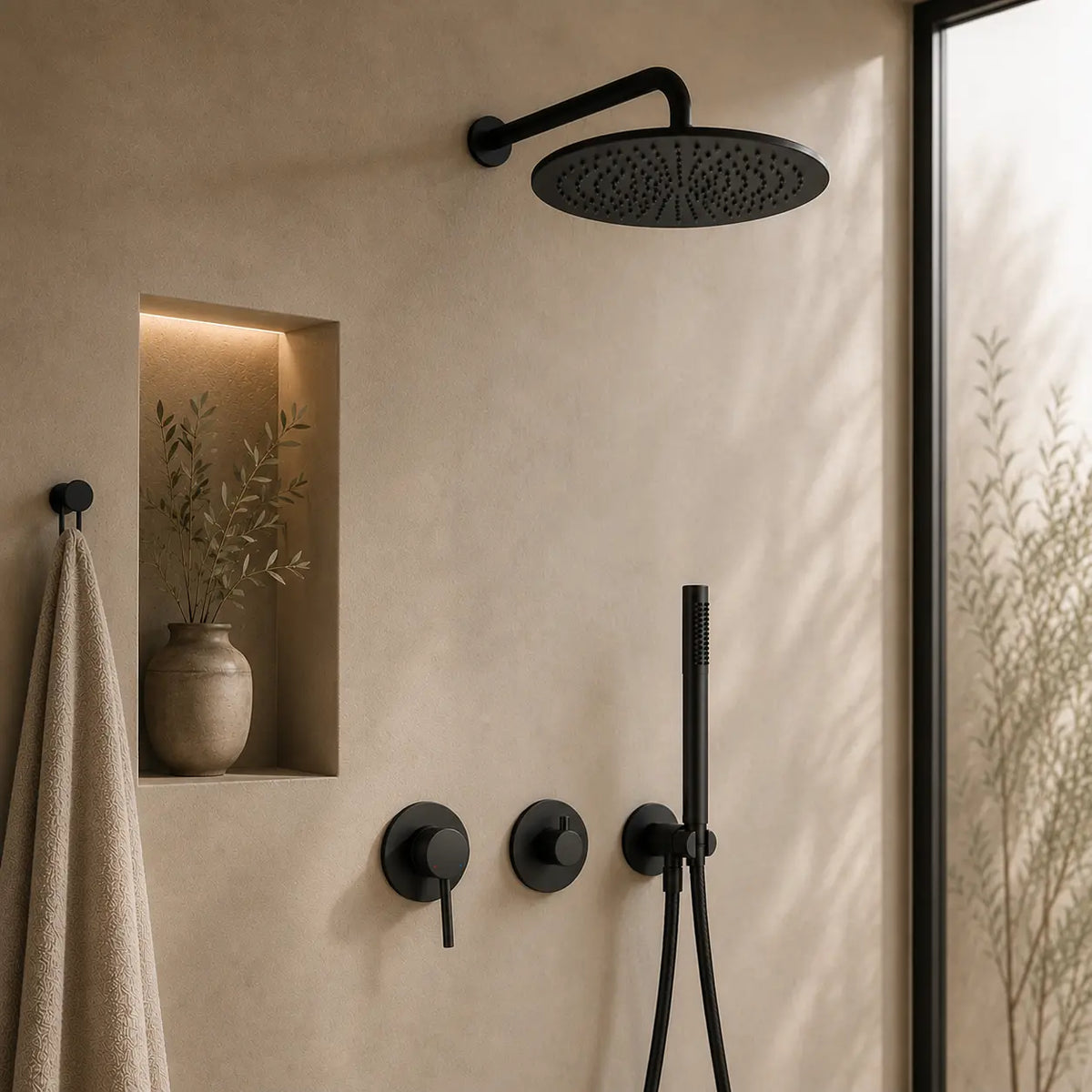 Colonne de douche encastrée noir mat – trois commandes rondes et douchette