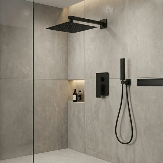 Colonne de douche encastrée noir mat – ciel carré, bec verseur et platine deux voies