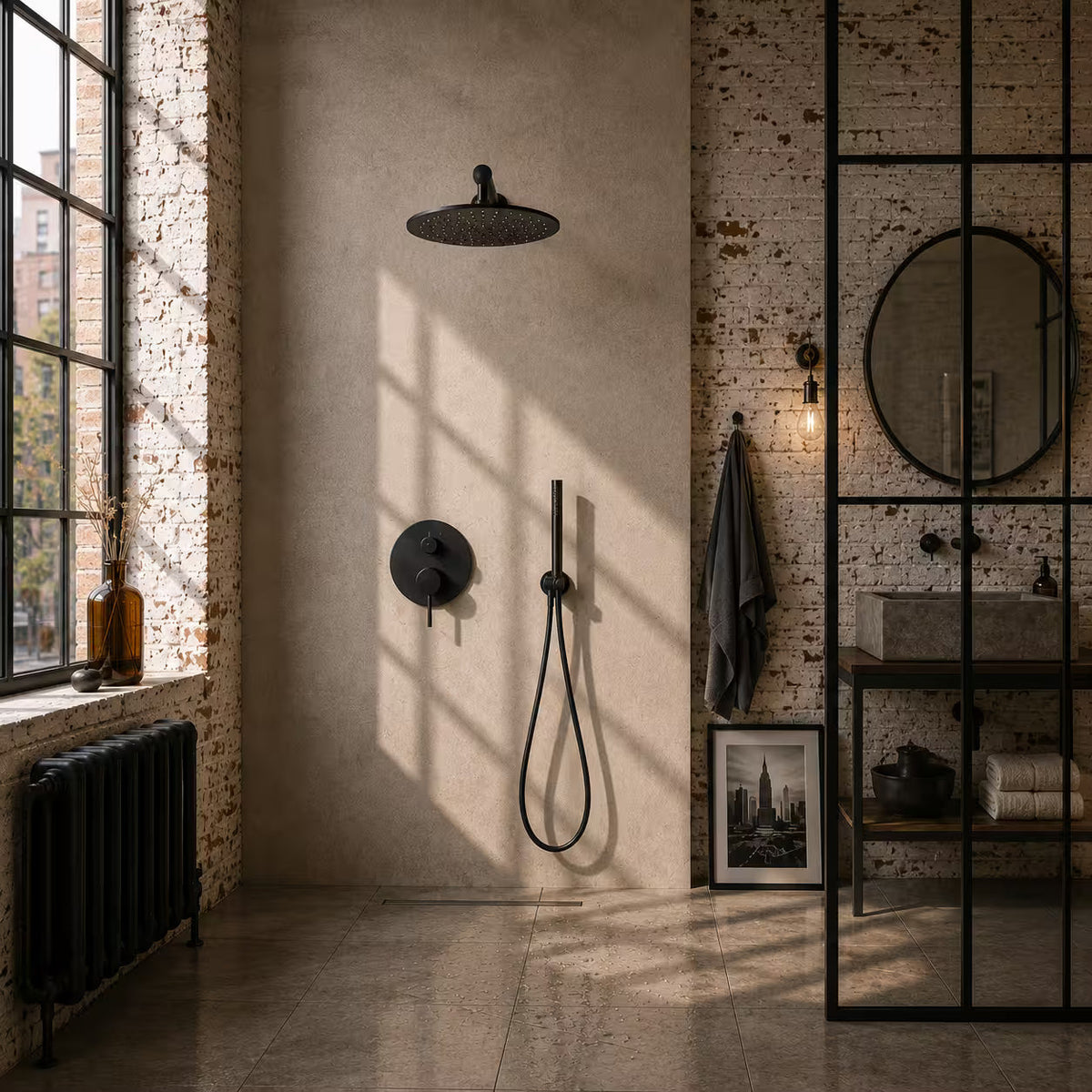 Colonne de douche encastrée noir mat – boîtier thermostatique rond à deux molettes