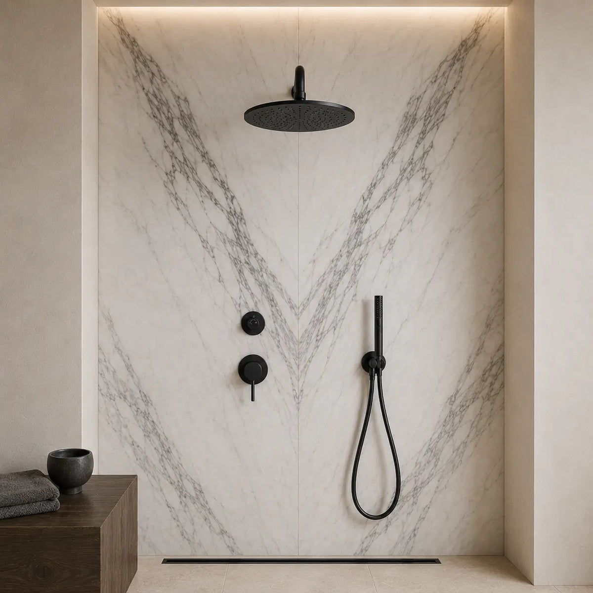 Colonne de douche encastrée noir mat – deux platines rondes et douchette