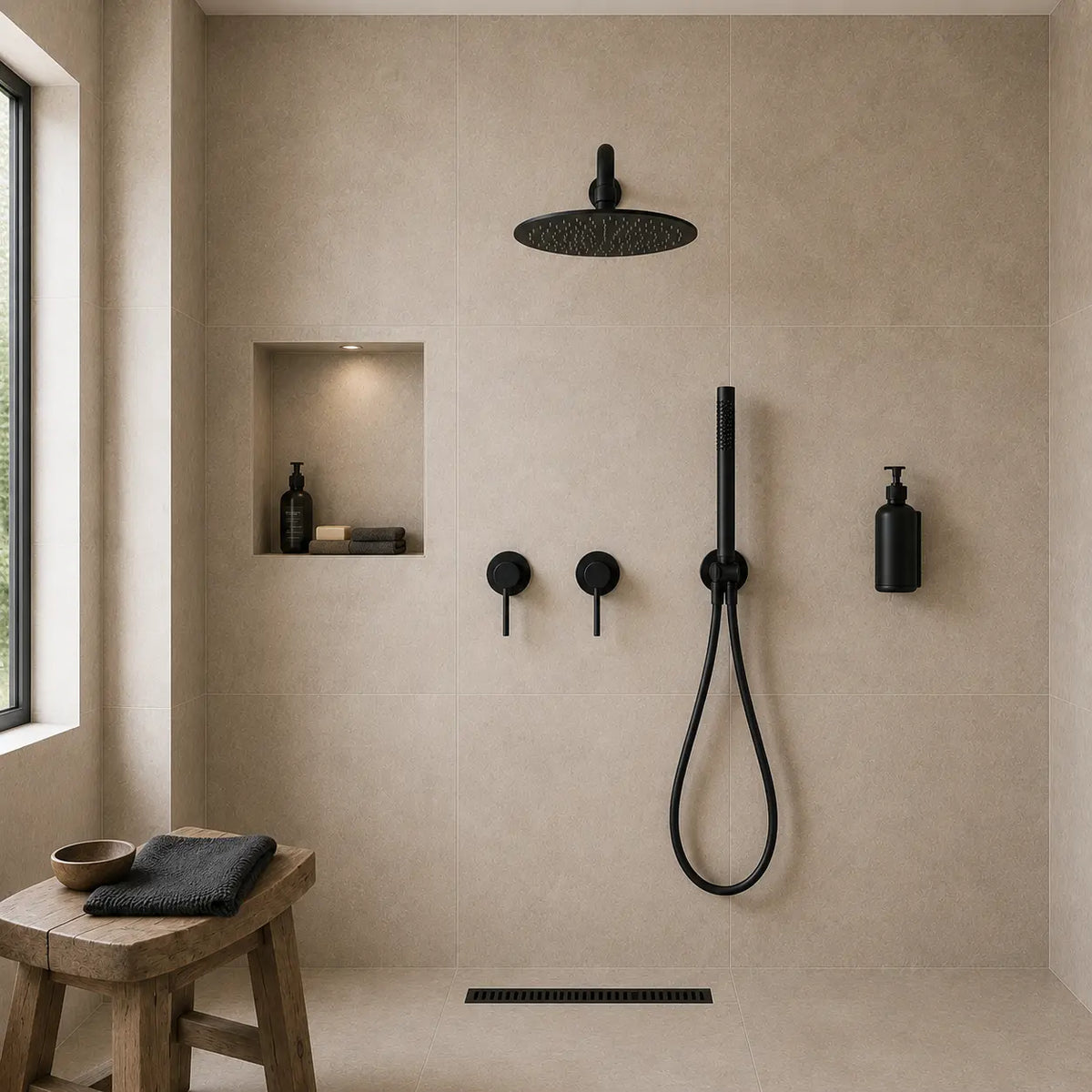 Colonne de douche encastrée noir mat – bras mural long et deux commandes