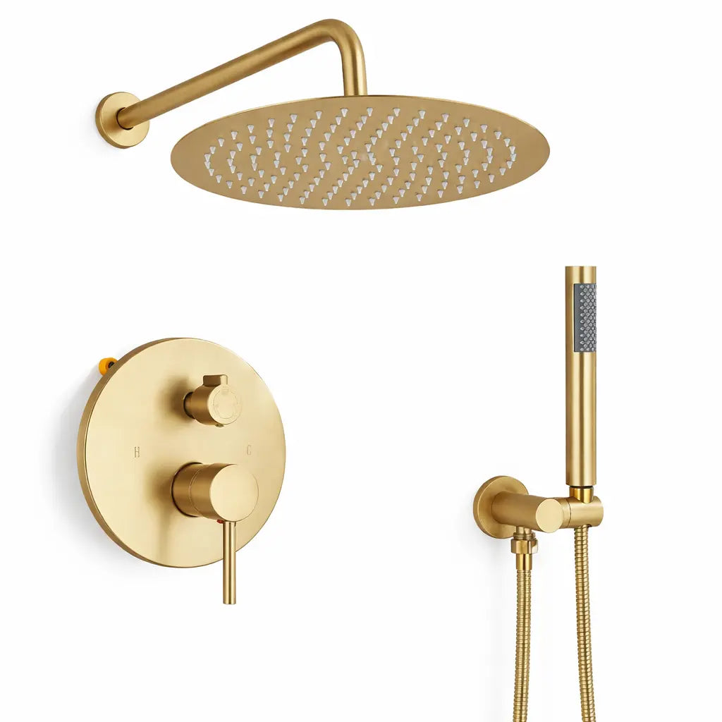 Colonne de douche encastrée or brossé – laiton, platine ronde et douchette