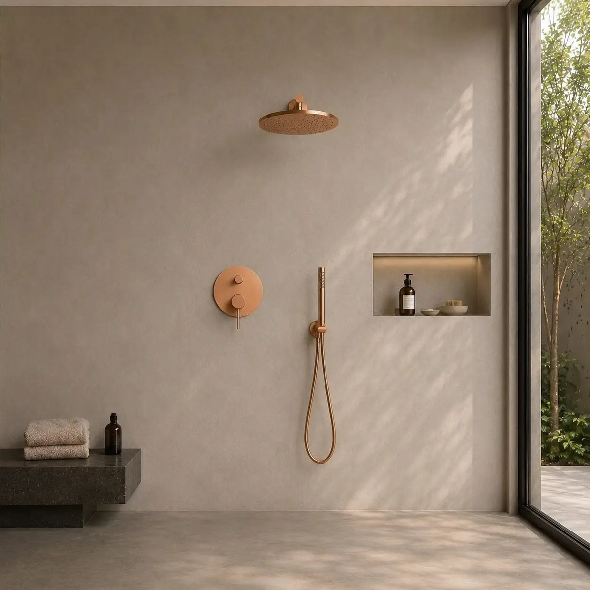 Colonne de douche encastrée or rose brossé – mitigeur thermostatique à commandes concentriques