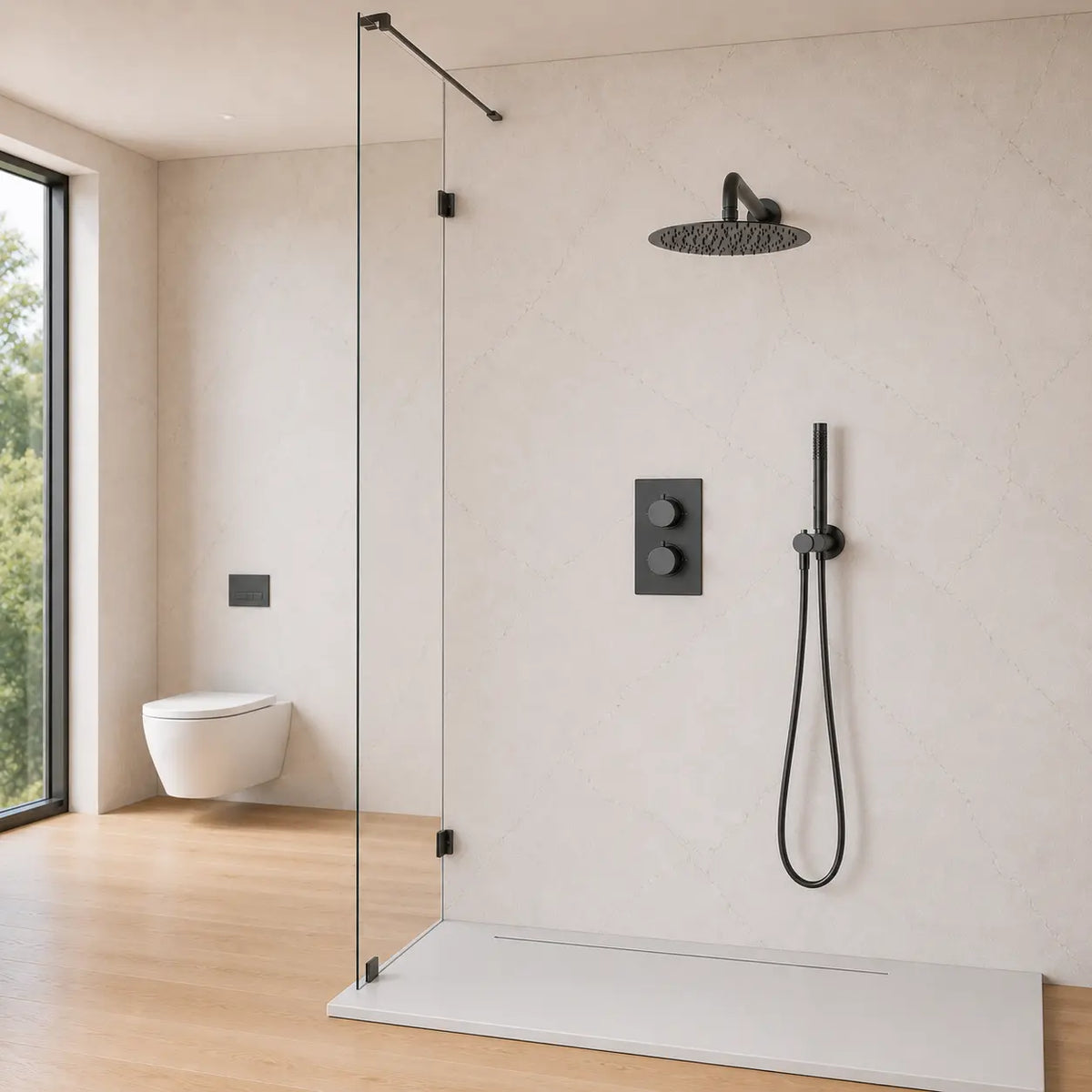 Colonne de douche encastrée gris brossé – plaque thermostatique deux voies