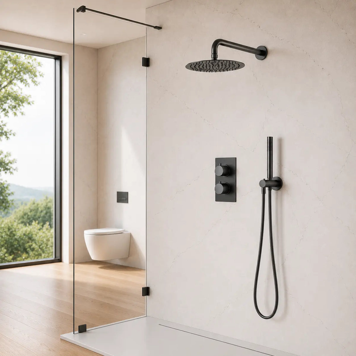 Colonne de douche encastrée gris brossé – plaque thermostatique deux voies