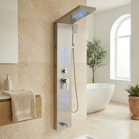Colonne de douche hydromassante chrome – 5 fonctions, cascade LED et bec verseur