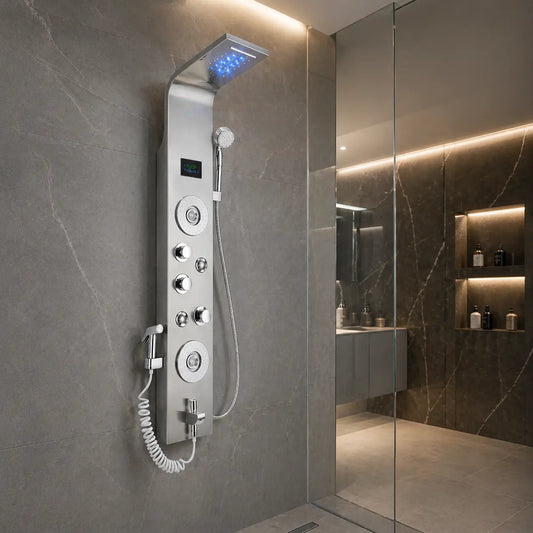Colonne de douche hydromassante inox brossé – 6 fonctions, cascade LED et écran digital