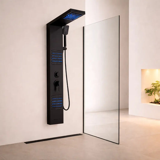 Colonne de douche hydromassante noir mat – cascade LED, jets massants et 3 poignées