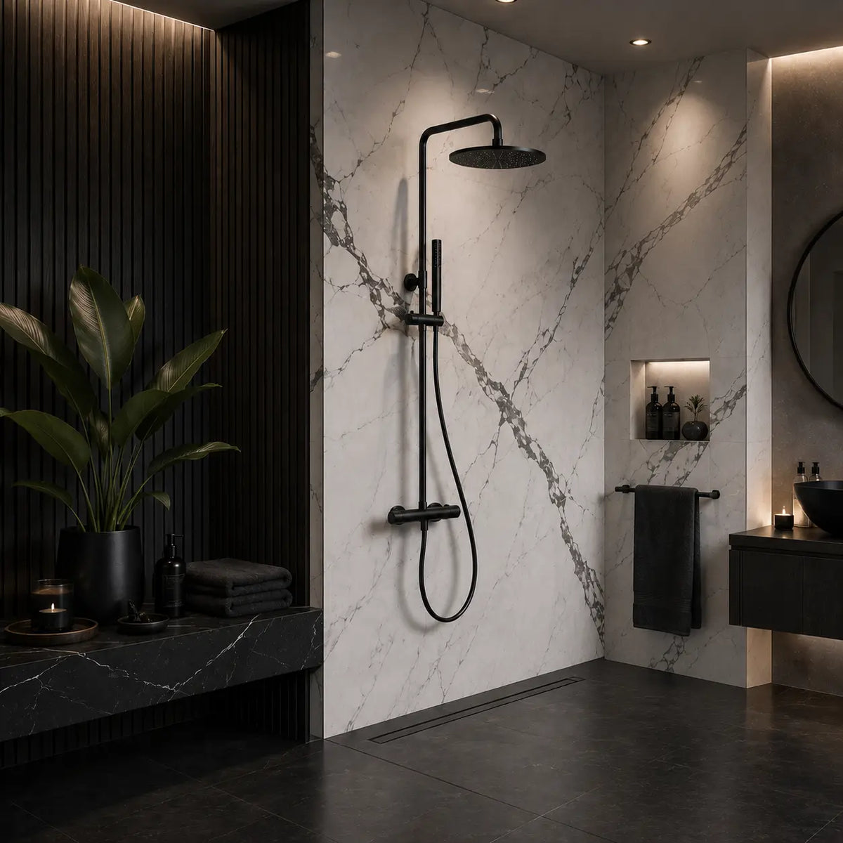 Colonne de douche thermostatique noir mat – douchette à picots anti-calcaire, finition PVD