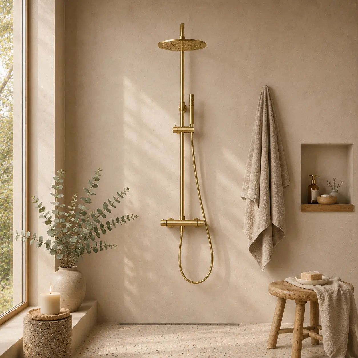Colonne de douche thermostatique dorée