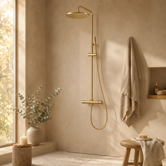 Colonne de douche thermostatique dorée – or brossé, finition PVD et ciel de pluie rond