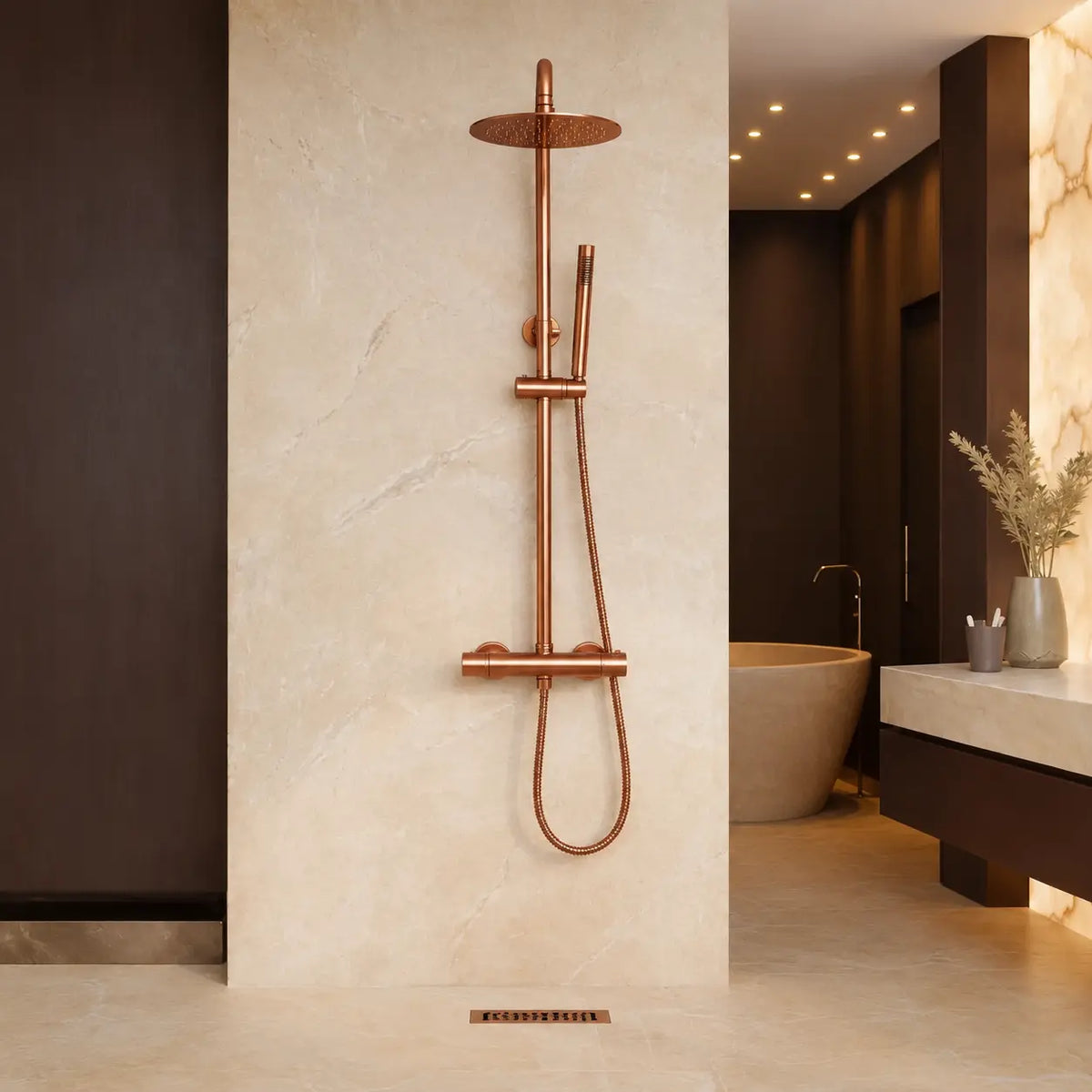 Colonne de douche thermostatique or rose brossé – laiton, bras col de cygne et ciel de pluie