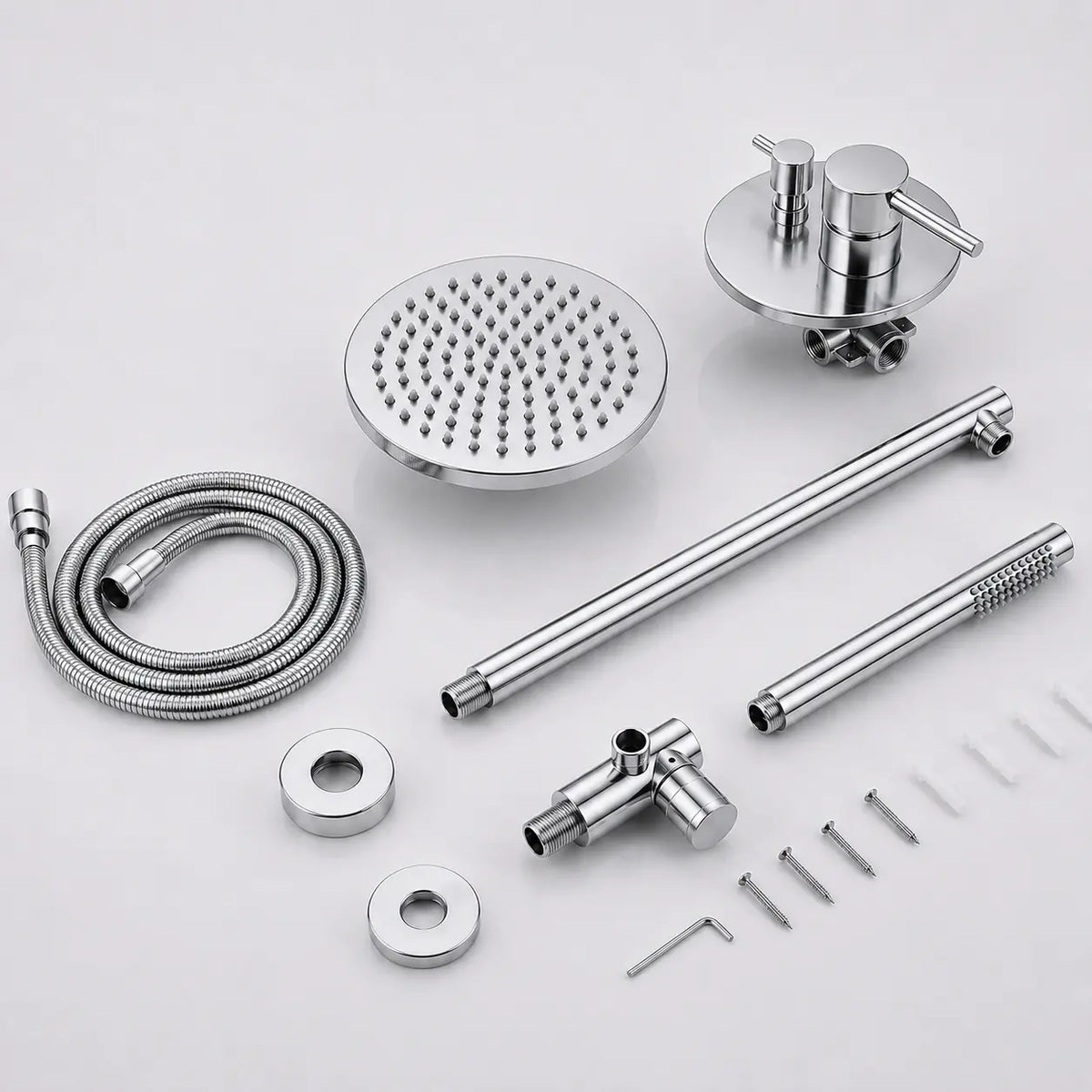 Colonne de douche encastrée chrome – boîtier thermostatique rond à deux molettes