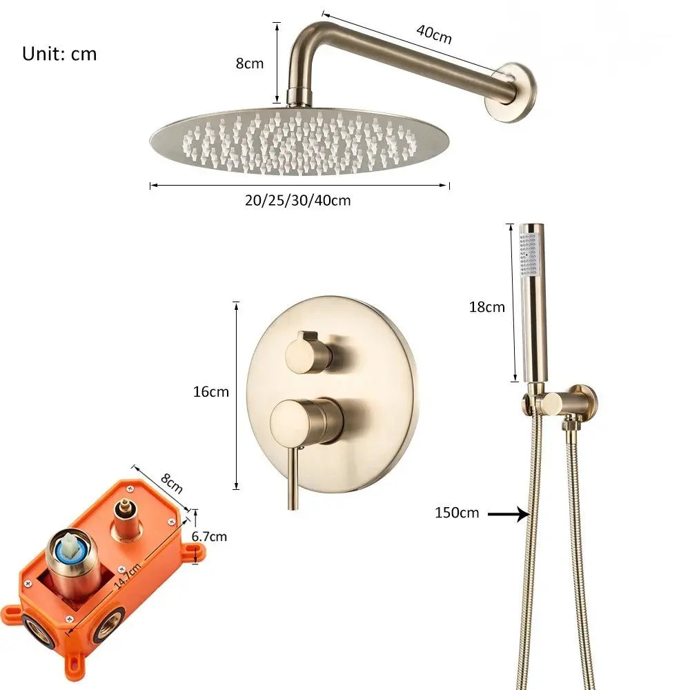 Colonne de douche encastrée or brossé – laiton, platine ronde et douchette