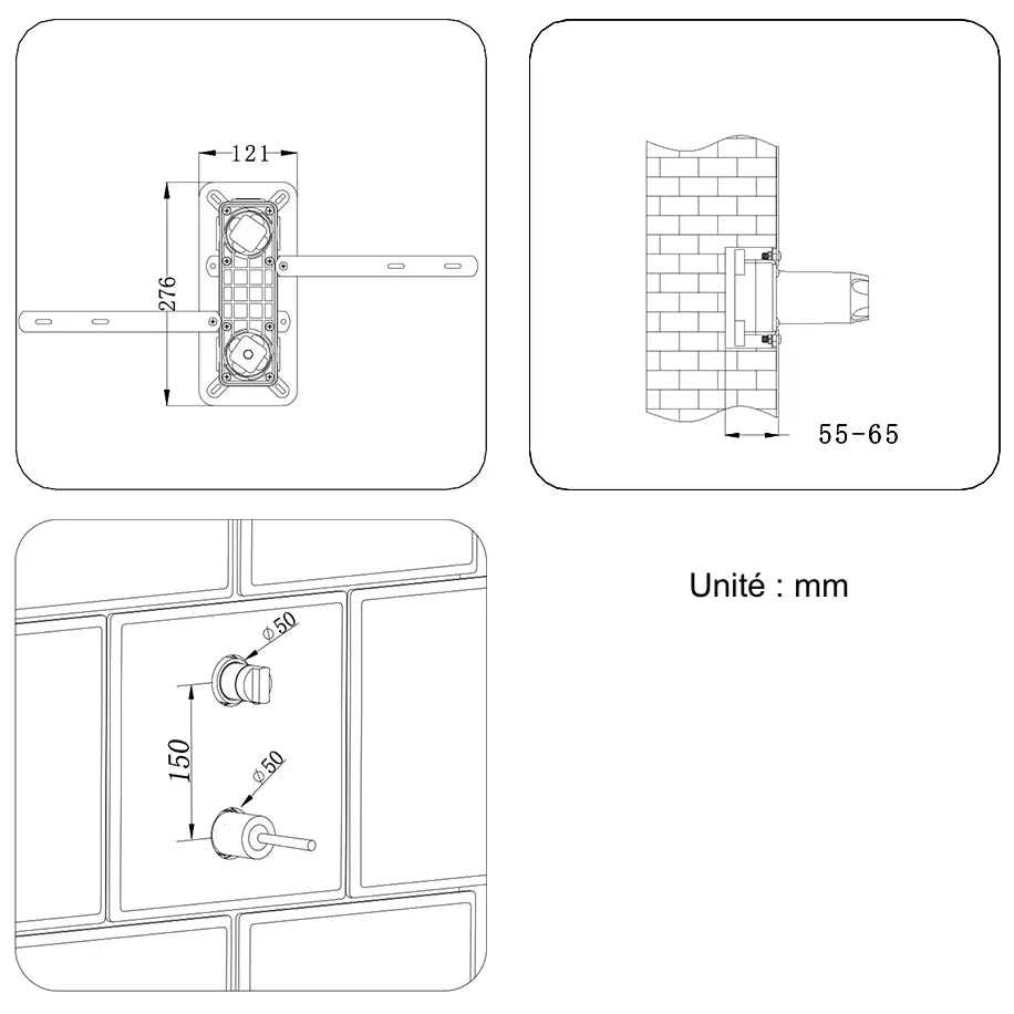 Colonne de douche encastrée noir mat – deux platines rondes et douchette