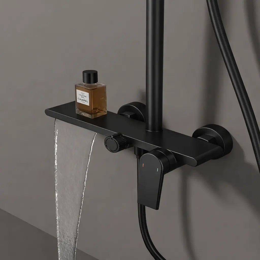Colonne de douche thermostatique noir mat – bras de ciel à angle droit, hauteur réglable