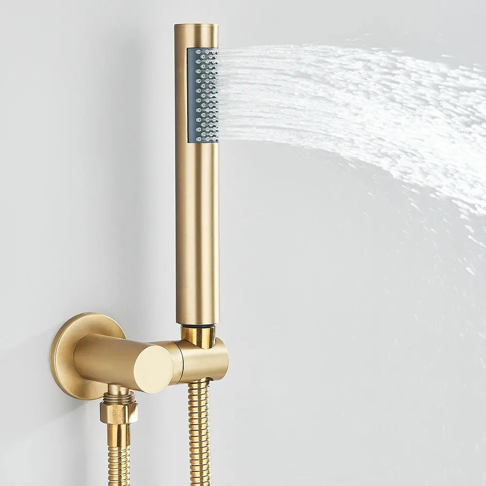 Colonne de douche encastrée or brossé – laiton, platine ronde et douchette